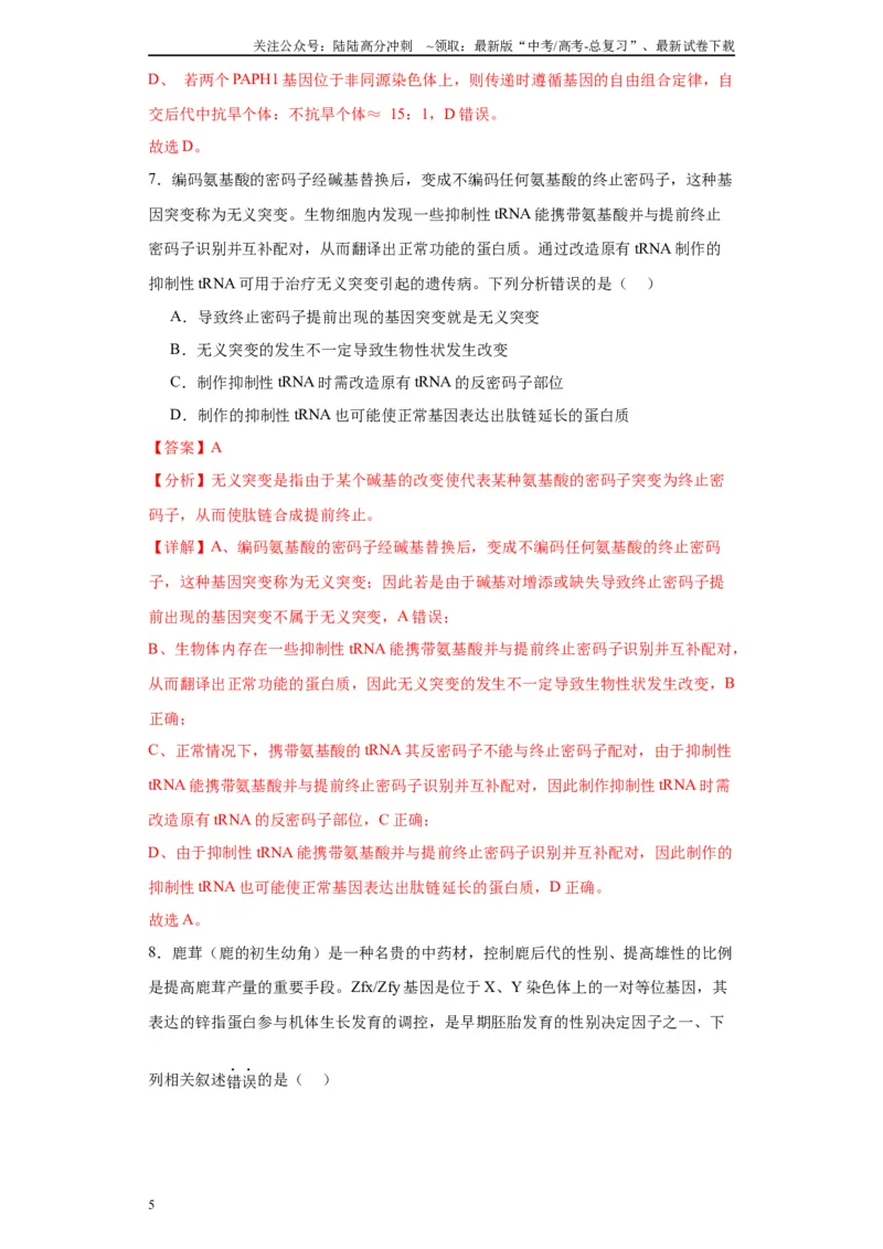 《第七单元变异与进化（测试卷）（解析版)_06-生物-高考总复习_一轮复习_2024年_2024年高考生物一轮复习重难点专项突破_资料》第5页预览