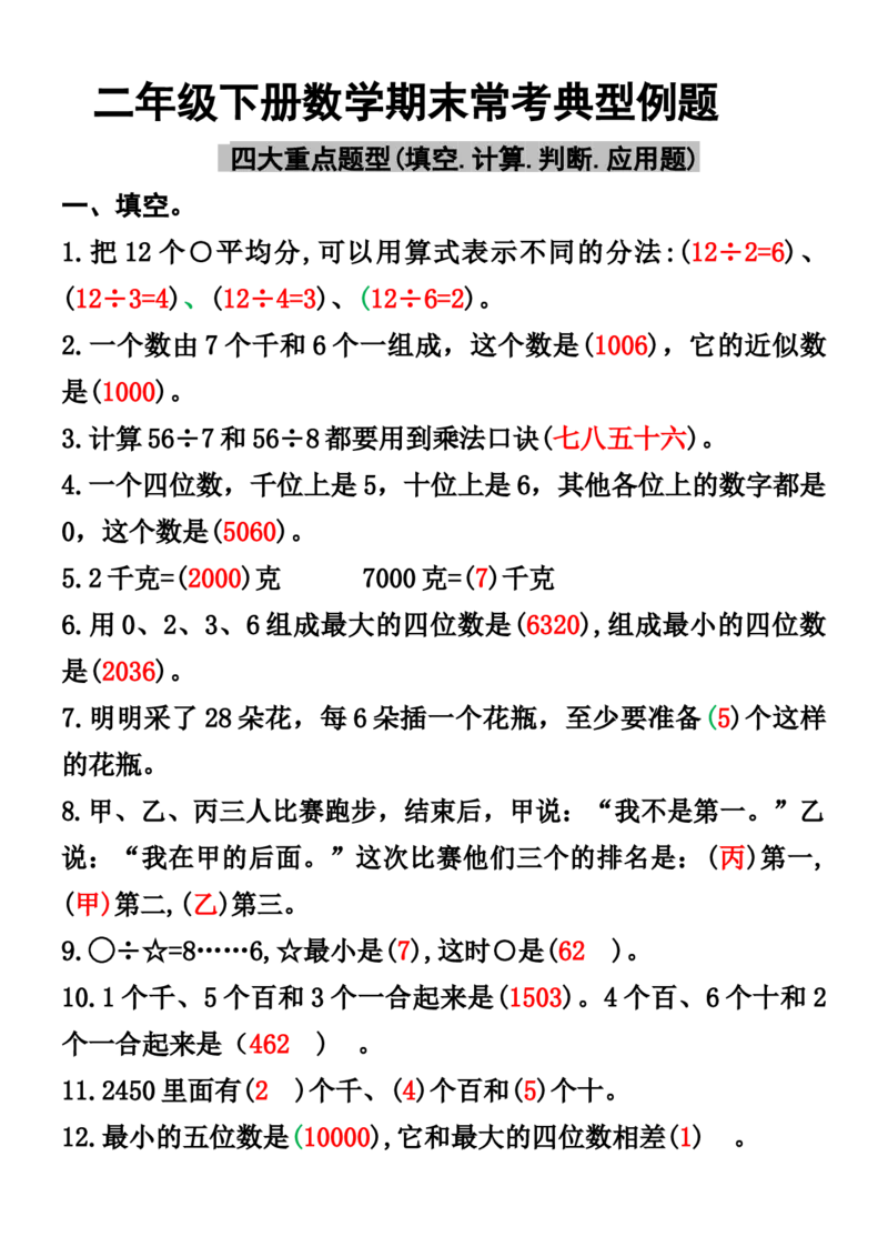 《二年级下册数学期末常考典型例题(1)_2年级下册同步教辅_2下-数学_二下数学-必背资料通用》第1页预览