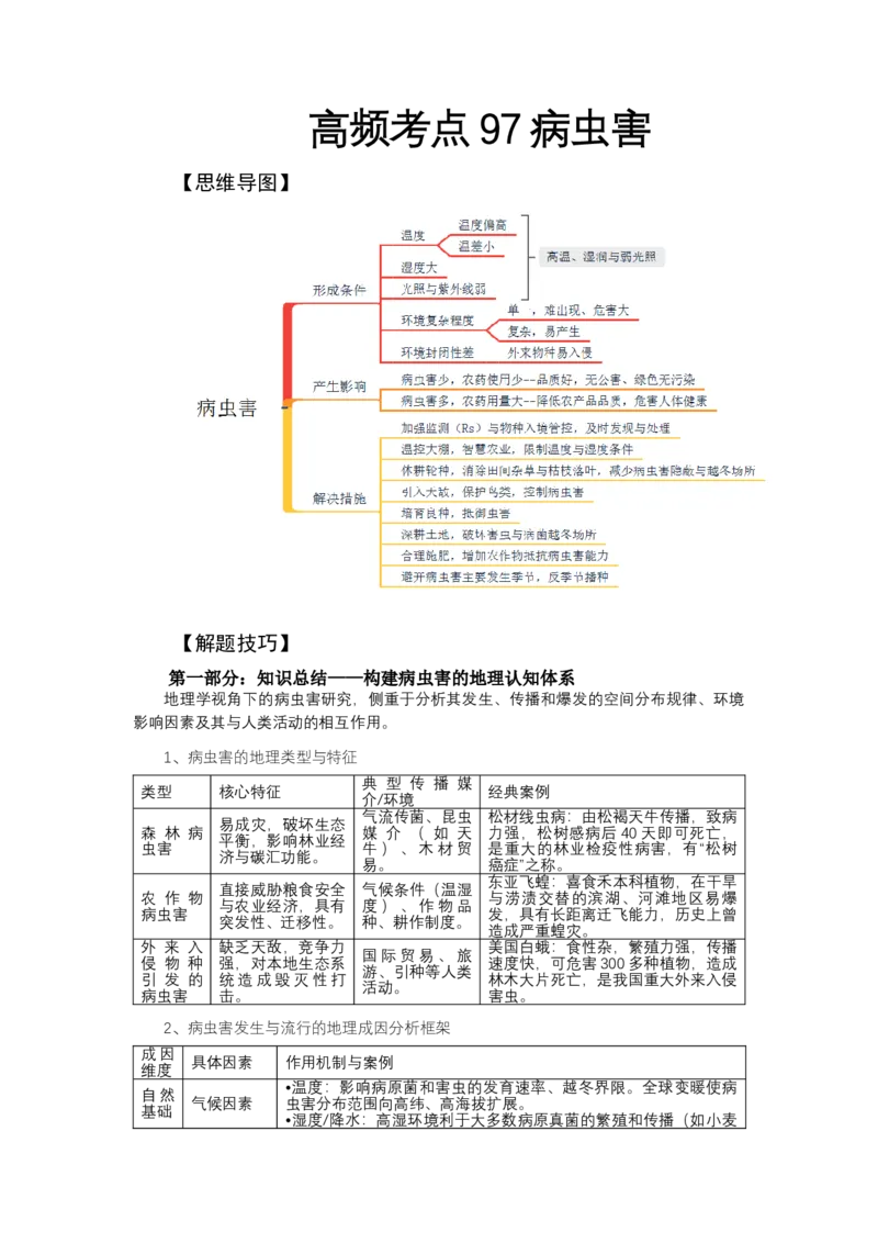 《高频考点97病虫害-高考地理高频考点专项突破_地理_2026年-地理高考专项复习_42026年高考地理高频考点专项突破思维导图+解题技巧+专项突破》第1页预览