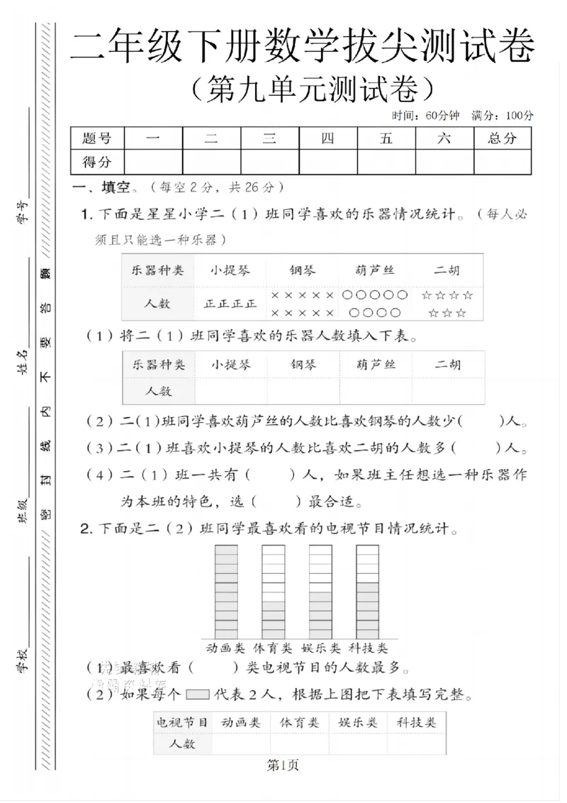 《二年级（下）数学第九单元拔尖测试卷.1《青岛54版》_2年级下册同步教辅_2下-数学_二下数学-单元+期中+期末试卷_二下数学青岛54版试卷_二下数学《青岛54版》单元测试卷》第1页预览
