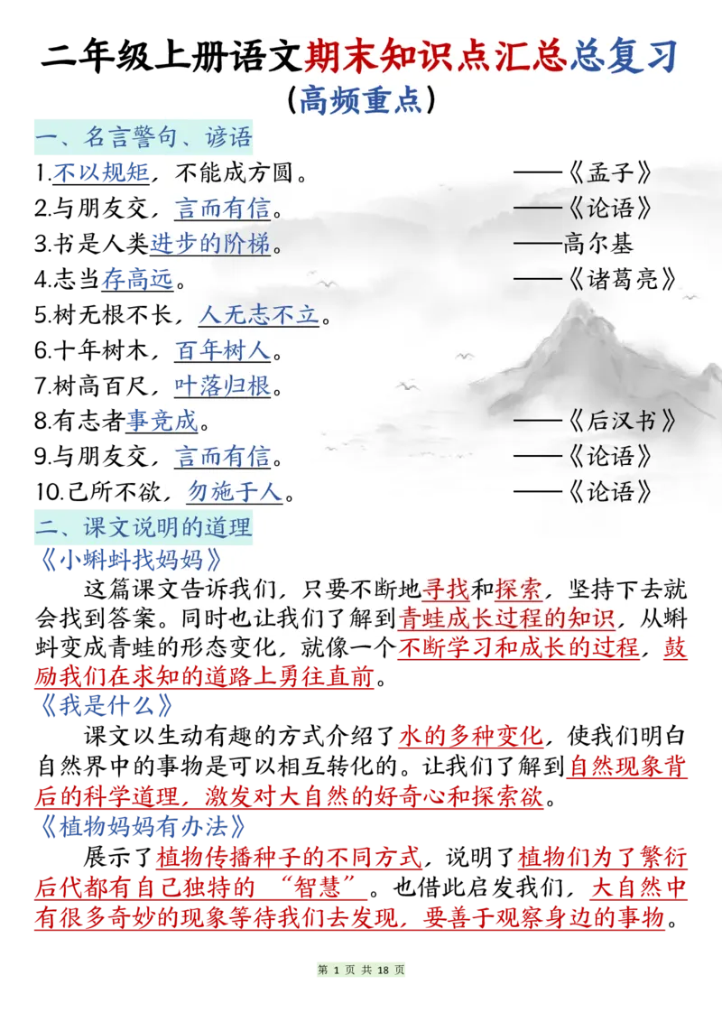 《二年级上册语文期末知识点汇总总复习_2年级上册同步教辅_2上-语文_二上语文-期中+期末复习》第1页预览