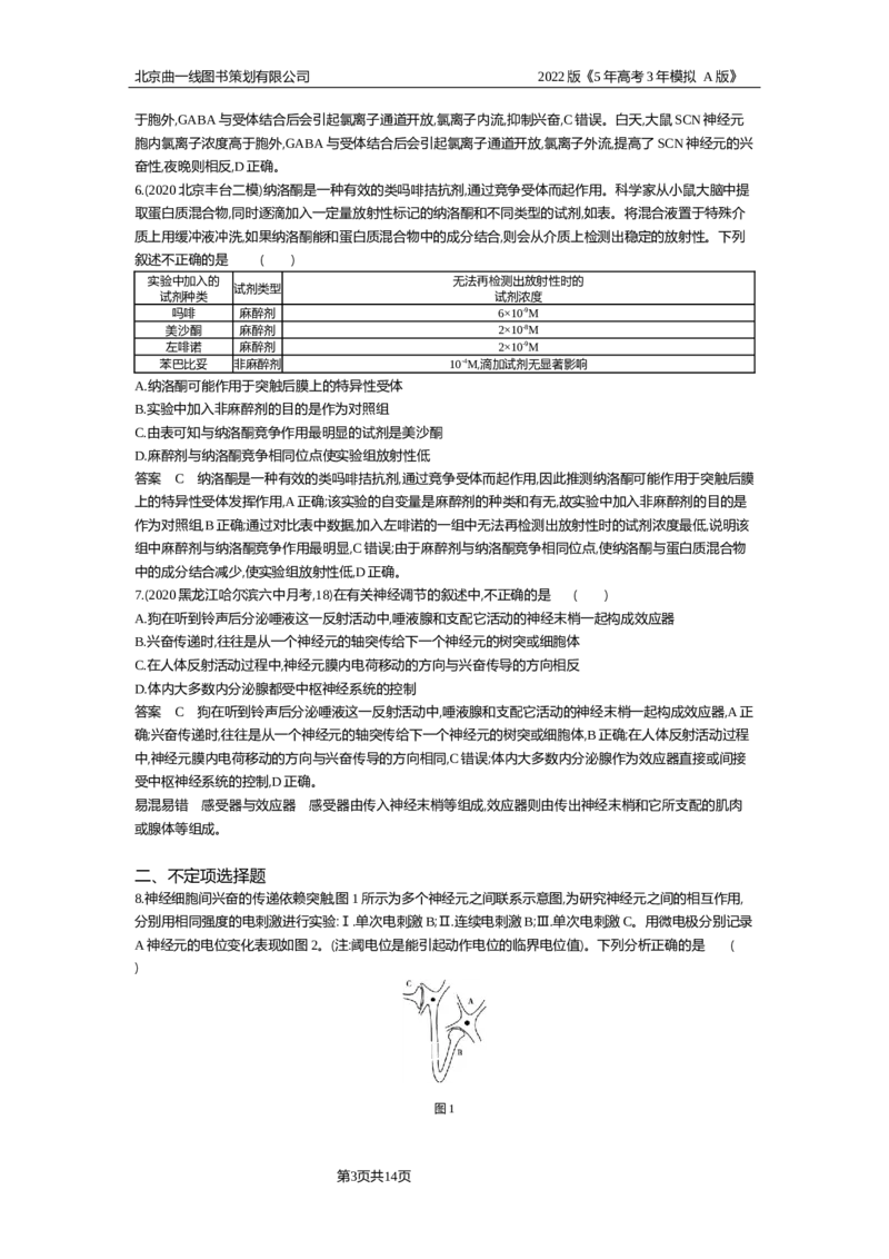 《专题资料包_2022版教学资源包_五年高考三年模拟_2022版新高考版选考总复习生物5·3A版_0125143739_专题16神经调节_专题资料包_专题检测_专题资料包》第3页预览
