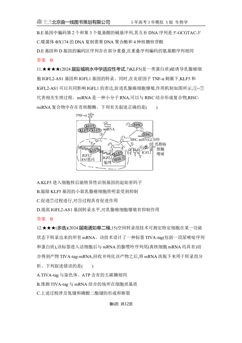 《1_精练册Word-第9章　基因的表达_2026版教学资源包_202653高考总复习A版_江苏版_2026版.江苏版.选考总复习.生物.5·3A版_第2部分遗传与进化_第9章基因的表达_5_习题WORD》第6页预览