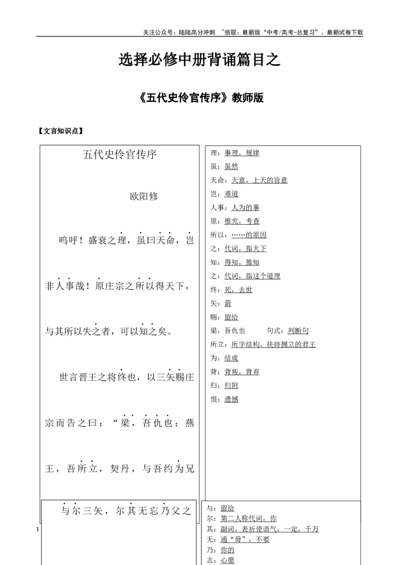 《选择必修中册背诵篇目之《五代史伶官传序》（教师版）_专项复习_2025年_2025年高考语文古诗文必备篇目读写专练（全国通用）_资料_4-选择必修中册》第1页预览