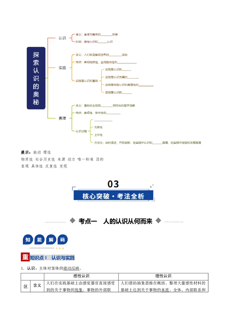 《第04课探索认识的奥秘（复习讲义）（学生版）（全国通用）_zheng治_2026年_2026年高考政治一轮复习讲义+练习+课件（新教材新高考）-G55_2026版_必修4哲学与文化》第3页预览
