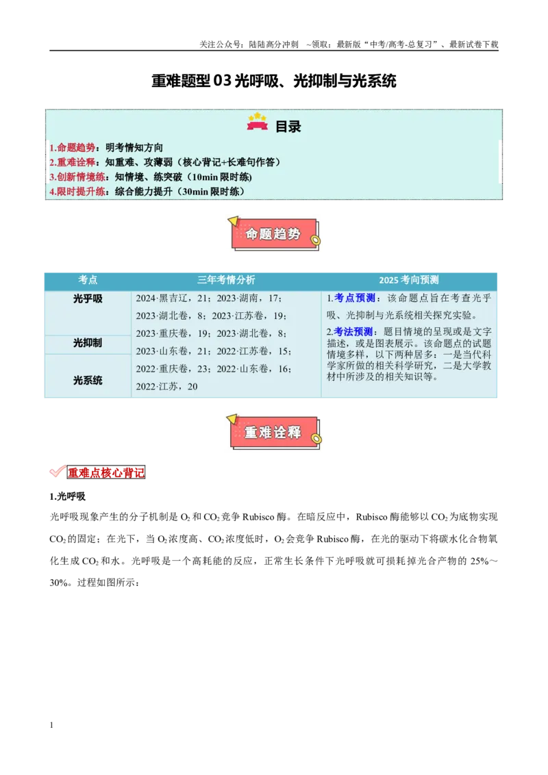 《重难题型03光呼吸、光抑制与光系统（学生版）_06-生物-高考总复习_专项复习_2025年_2025年高考生物重难点讲义专练（新高考通用）》第1页预览