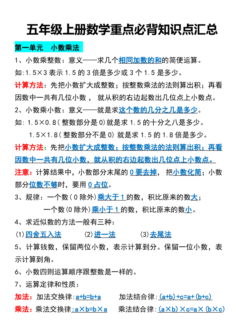 《五年级上册数学重点必背知识点汇总1_5年级上册同步教辅_5上数学_五上数学通用重点必背资料+专项练习》第1页预览