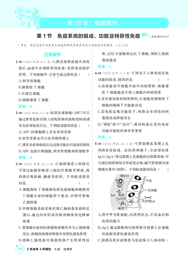 《1_精练册第16章免疫调节_2026版教学资源包_202653高考总复习A版_新高考_生物_教师A版2026年.新高考版.生物.53_第3部分稳态与调节_第16章免疫调节_4_PDF教参电子书》第1页预览