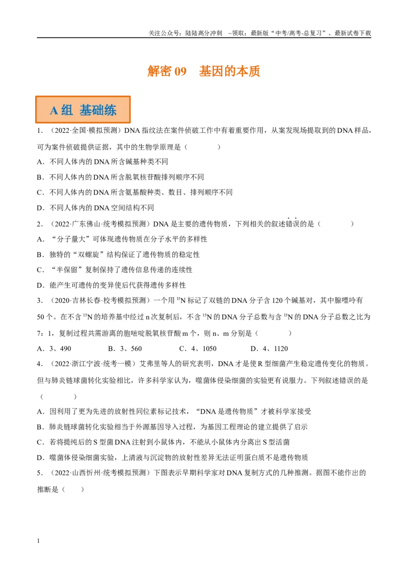《解密09基因的本质（分层训练）-高频考点解密2023年高考生物二轮复习讲义+分层训练（新教材）（原卷版）_06-生物-高考总复习_二轮复习_2024年_资料》第1页预览