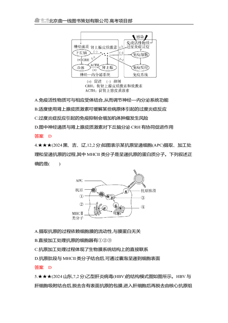 《1_精练册Word-第16章　免疫调节_2026版教学资源包_202653高考总复习A版_湖南版_2026版.湖南版.选考总复习.生物.5·3A版_第3部分稳态与调节_第16章免疫调节_3_习题WORD》第2页预览