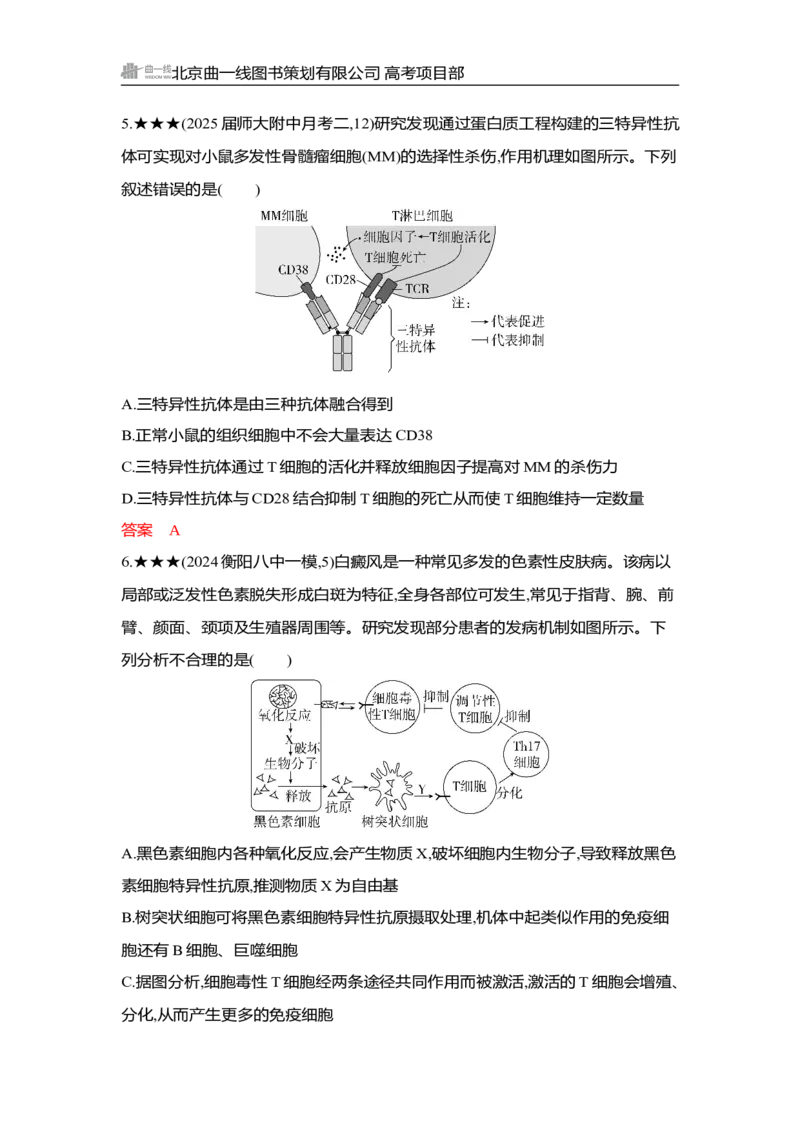《1_精练册Word-第16章　免疫调节_2026版教学资源包_202653高考总复习A版_湖南版_2026版.湖南版.选考总复习.生物.5·3A版_第3部分稳态与调节_第16章免疫调节_3_习题WORD》第7页预览