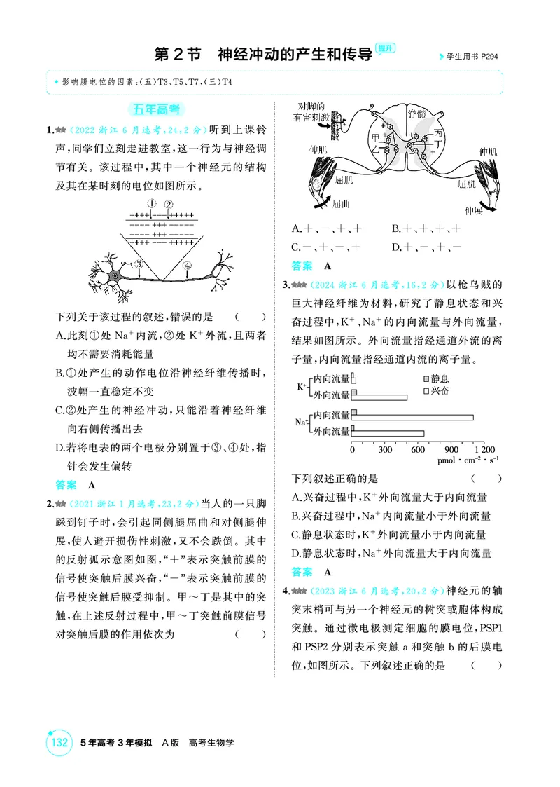 《1_精练册-第11章神经调节_2026版教学资源包_202653高考总复习A版_浙江版_2026版.浙江版.选考总复习.生物.5·3A版_第3部分稳态与调节_第11章神经调节_1_精练册PDF》第6页预览