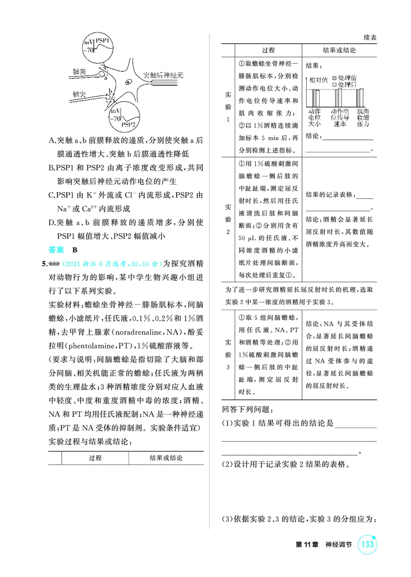 《1_精练册-第11章神经调节_2026版教学资源包_202653高考总复习A版_浙江版_2026版.浙江版.选考总复习.生物.5·3A版_第3部分稳态与调节_第11章神经调节_1_精练册PDF》第7页预览
