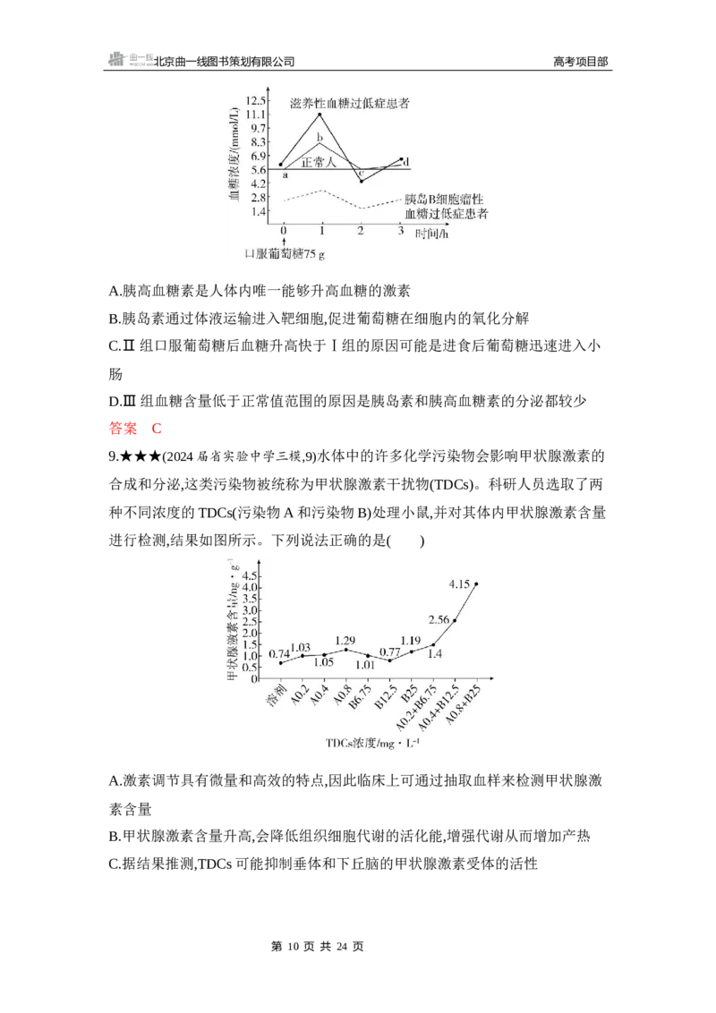 《1_精练册Word-第15章　体液调节_2026版教学资源包_202653高考总复习A版_山东版_2026版.山东版.选考总复习.生物.5·3A版_第3部分稳态与调节_第15章体液调节_5_习题WORD》第10页预览