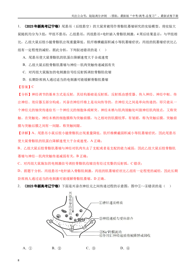 《重难点11神经调节问题的3大核心考点（教师版）_06-生物-高考总复习_专项复习_2025年_2025年高考生物重难点讲义专练（黑吉辽蒙专用）》第8页预览