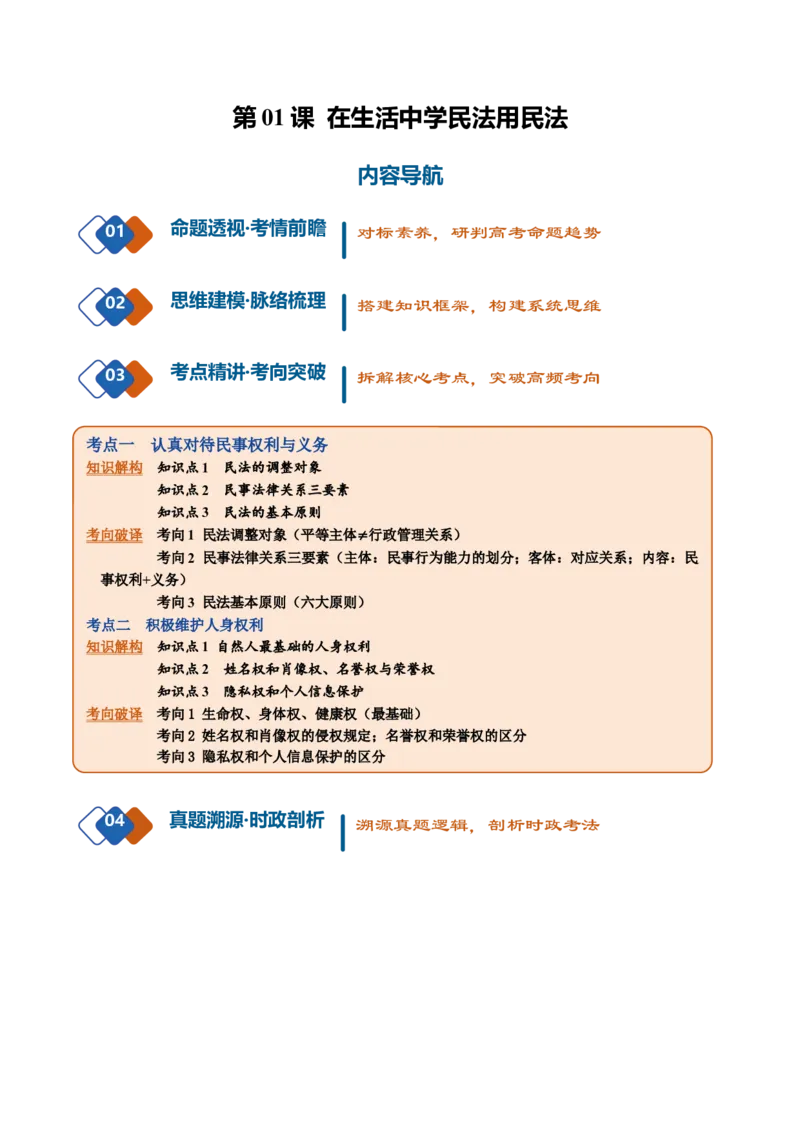 《第01课在生活中学民法用民法（复习讲义）（全国通用）（学生版）_zheng治_2027年高考政治一轮_2027年高考政治一轮复习讲义+练习+课件（新教材新高考）-G55_2027版》第1页预览