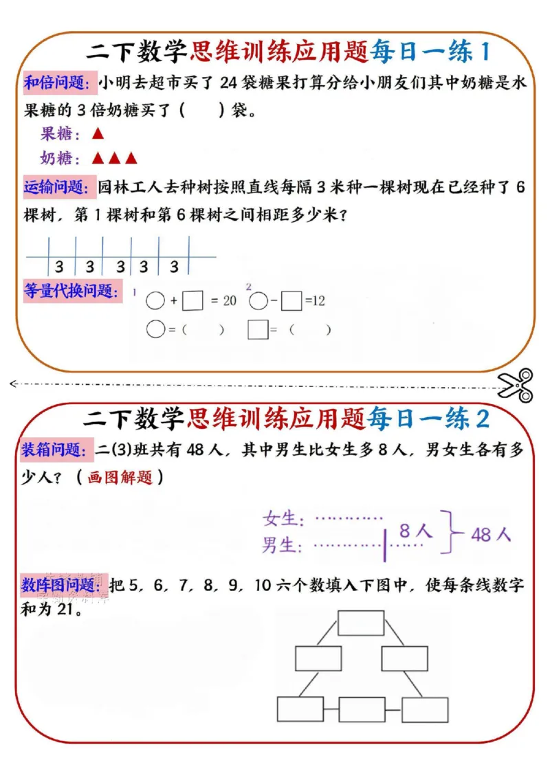 《二年级（下）数学思维训练应用题每日一练小纸条_2年级下册同步教辅_2下-数学_二下数学-奥数+思维+应用题》第1页预览