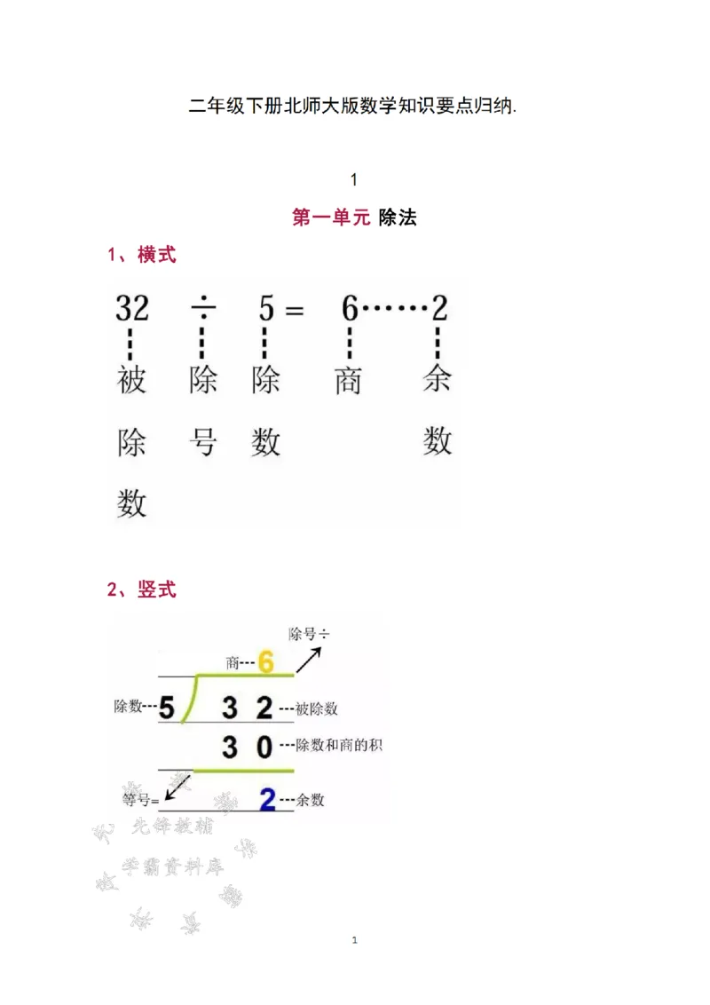 《二（下）北师大版数学知识要点归纳-SY_2年级下册同步教辅_2下-数学_二下数学-必背资料通用》第1页预览