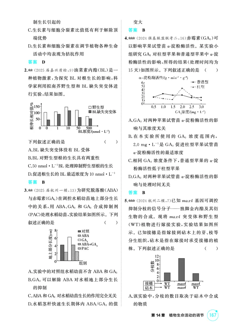 《1_精练册-第14章植物生命活动的调节_2026版教学资源包_202653高考总复习A版_浙江版_2026版.浙江版.选考总复习.生物.5·3A版_第3部分稳态与调节_第14章植物生命活动的调节_1_精练册PDF》第6页预览