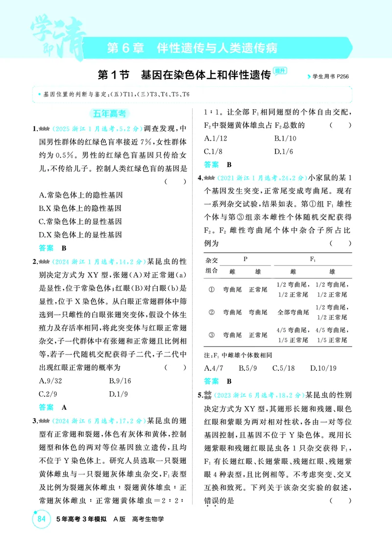 《1_精练册-第6章伴性遗传与人类遗传病_2026版教学资源包_202653高考总复习A版_浙江版_2026版.浙江版.选考总复习.生物.5·3A版_第2部分遗传与进化_第6章伴性遗传与人类遗传病_1_精练册PDF》第1页预览