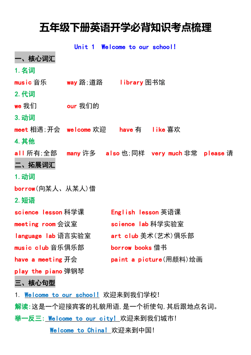 《五年级下册英语1-6单元知识考点梳理_5年级下册同步教辅_5下英语_五下英语通用重点必背资料+专项》第1页预览