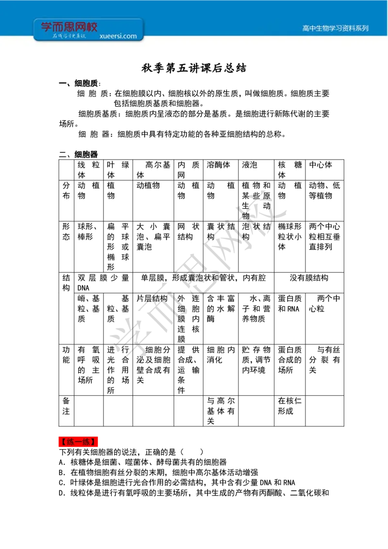 《高一秋季第五讲细胞器课后总结-fdb21e86b4ef_学而思高一全套_2019秋季高一1_102019-秋高一生物直播凌云班(全国)陆魏巍完结_课堂总结》第1页预览