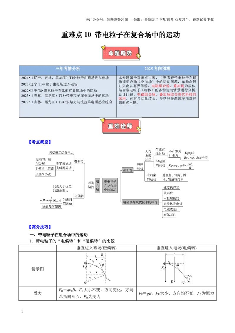 《重难点10带电粒子在复合场中的运动（解析版）_04-物理-高考总复习_专项复习_2025年_2025年高考物理重难点讲义专练（黑吉辽专用）》第1页预览