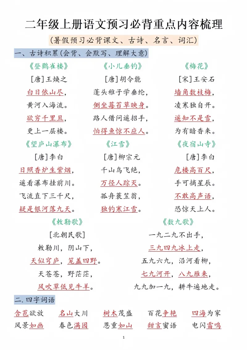 《二年级上册语文预习必背重点内容梳理打印_2年级上册同步教辅_2上-语文_二上语文-重点必背资料》第1页预览