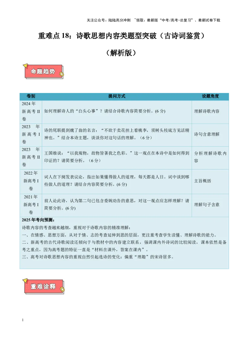 《重难点18：诗歌思想内容类题型突破（古诗词鉴赏）（解析版）_专项复习_2025年_2025年高考语文重难点讲义专练（新高考通用）》第1页预览