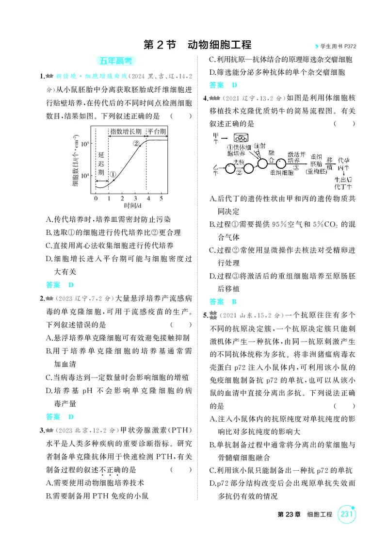 《1_精练册第23章细胞工程_2026版教学资源包_202653高考总复习A版_新高考_生物_教师A版2026年.新高考版.生物.53_第5部分生物技术与工程_第23章细胞工程_4_PDF教参电子书》第5页预览