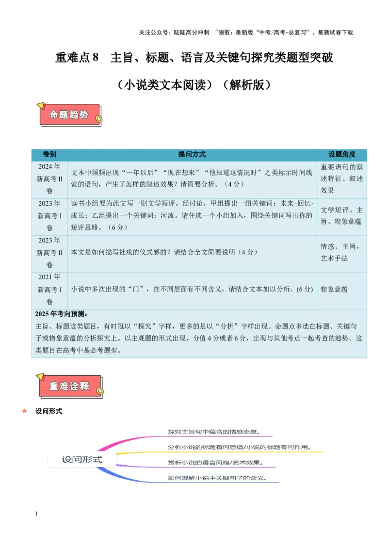 《重难点8主旨、标题、语言等主观题突破（小说类文本阅读）（解析版）_专项复习_2025年_2025年高考语文重难点讲义专练（新高考通用）》第1页预览