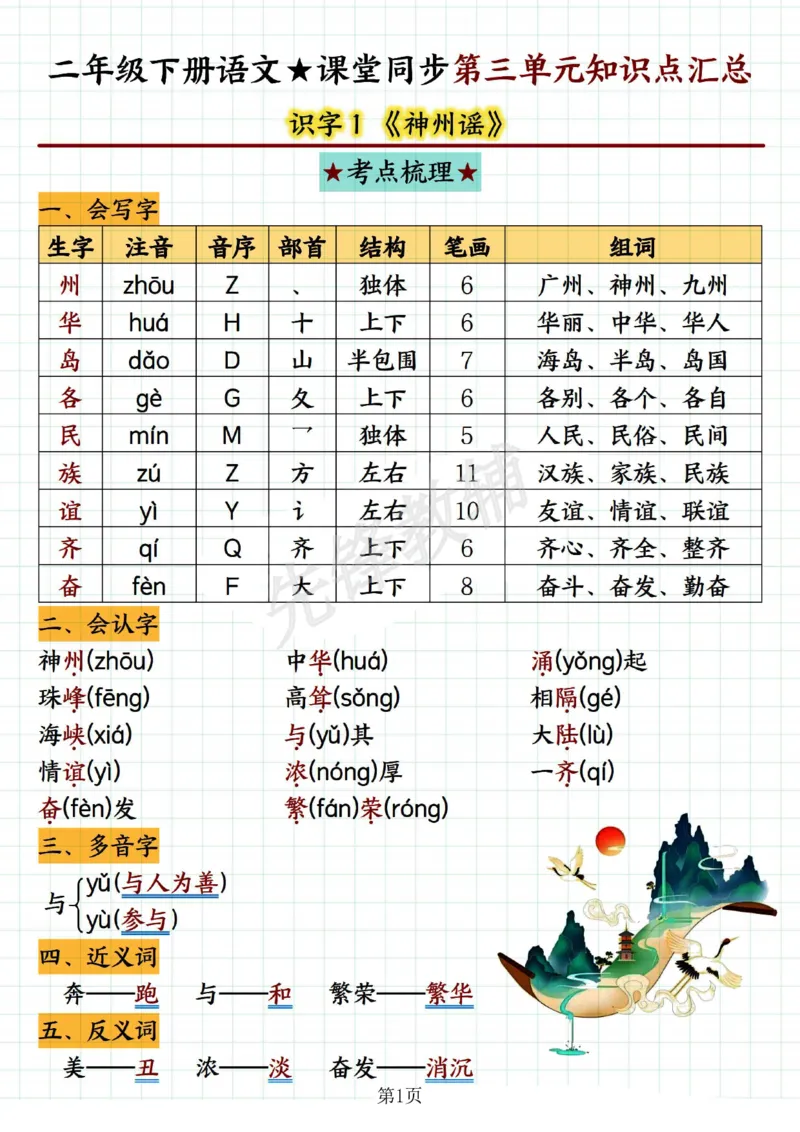 《二年级（下）语文课堂同步第三单元知识点汇总_2年级下册同步教辅_2下-语文_二下语文-预习资料》第1页预览