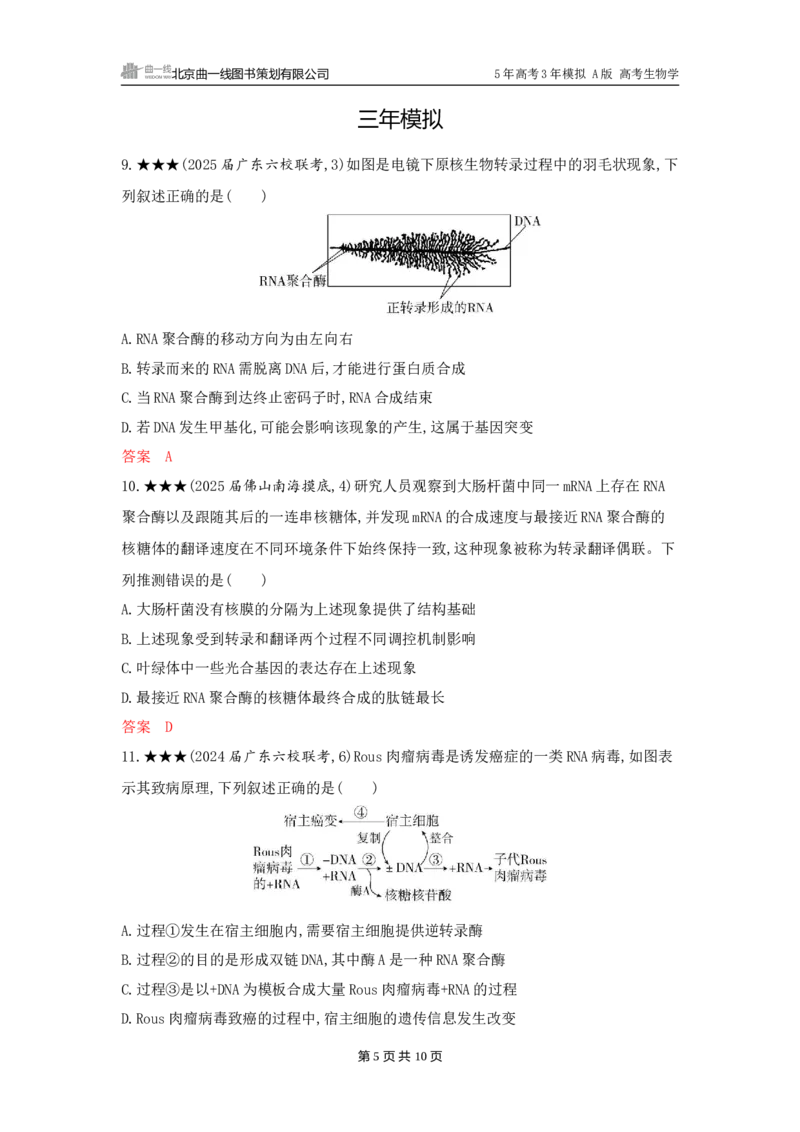 《1_精练册word-第10章　基因的表达_2026版教学资源包_202653高考总复习A版_广东版_2026版.广东版.选考总复习.生物.5·3A版_第2部分遗传与进化_第10章基因的表达_3_习题WORD》第5页预览
