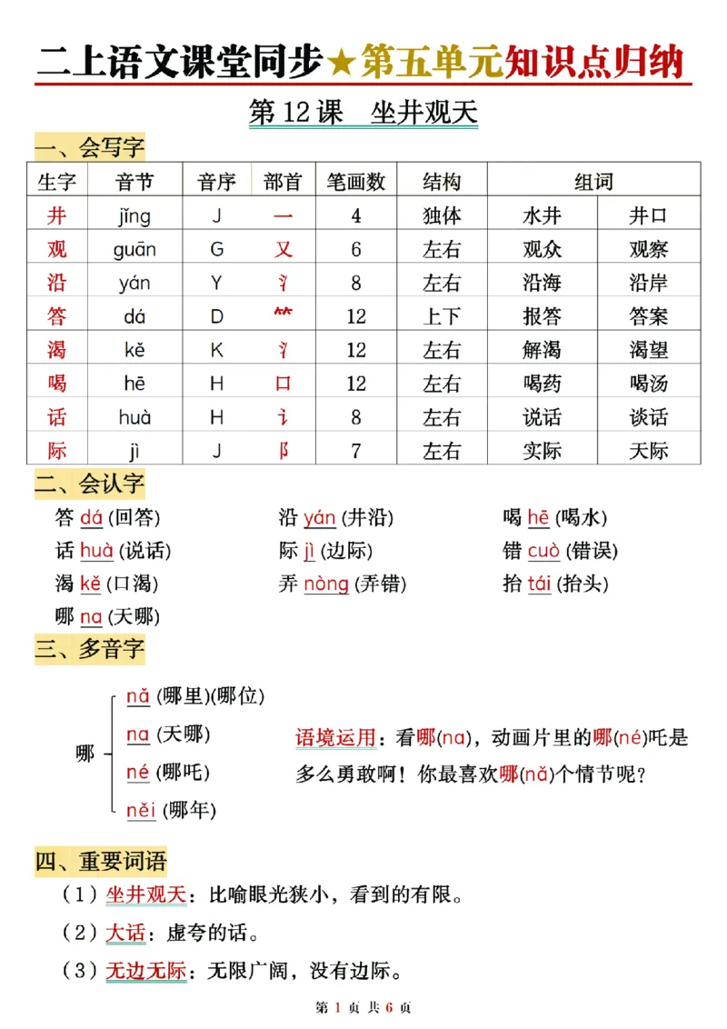 《二年级上册语文课堂同步第五单元知识点汇总_2年级上册同步教辅_2上-语文_二上语文-重点必背资料》第1页预览