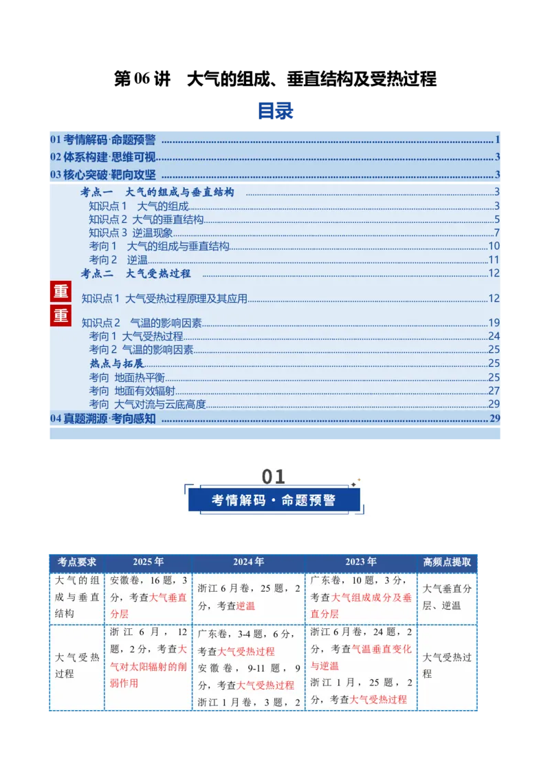 《第06讲大气的组成、垂直结构及受热过程（复习讲义）（全国通用）（学生版）_地理_2026年_2026年高考地理一轮复习讲义+练习+课件（新教材新高考）-G55_2026版_专题03地球上的大气》第1页预览