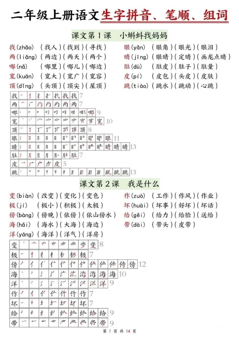 《二年级上册语文生字拼音笔顺组词课课贴_2年级上册同步教辅_2上-语文_二上语文-生字+字帖》第1页预览