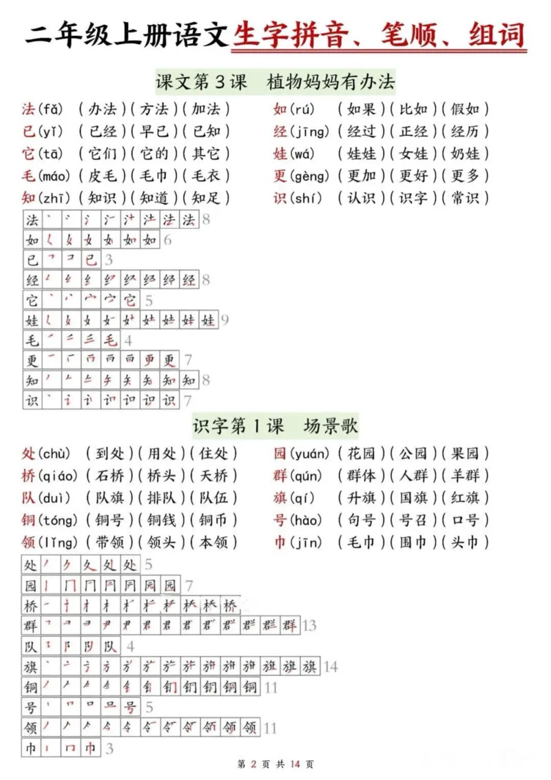 《二年级上册语文生字拼音笔顺组词课课贴_2年级上册同步教辅_2上-语文_二上语文-生字+字帖》第2页预览