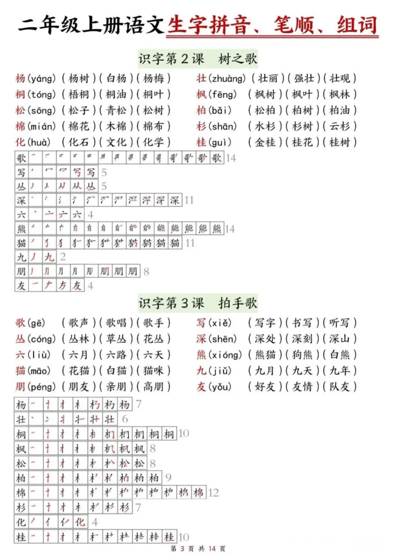 《二年级上册语文生字拼音笔顺组词课课贴_2年级上册同步教辅_2上-语文_二上语文-生字+字帖》第3页预览