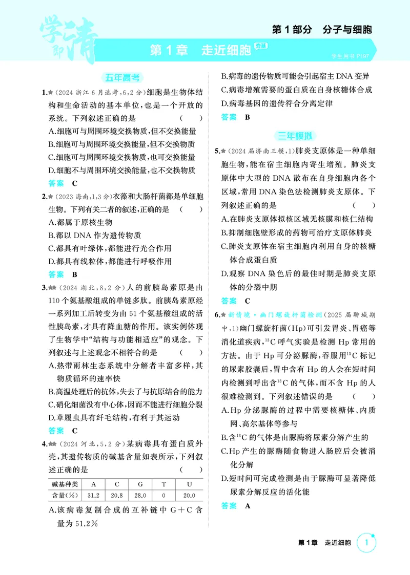 《1_精练册PDF-第1章走近细胞_2026版教学资源包_202653高考总复习A版_山东版_2026版.山东版.选考总复习.生物.5·3A版_第1部分分子与细胞_第1章走近细胞_1_精练册PDF》第1页预览