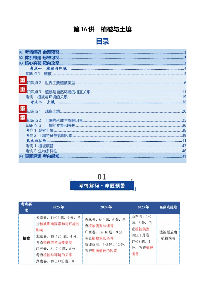 《第16讲植被与土壤（复习讲义）（全国通用）（教师版）_地理_2026年_2026年高考地理一轮复习讲义+练习+课件（新教材新高考）-G55_2026版_专题06自然环境的整体性与差异性》第1页预览
