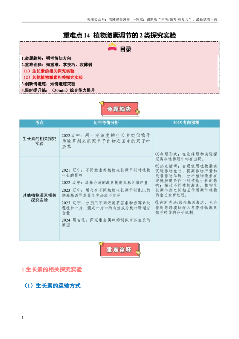 《重难点14植物激素调节的2类探究实验（学生版）_06-生物-高考总复习_专项复习_2025年_2025年高考生物重难点讲义专练（黑吉辽蒙专用）》第1页预览