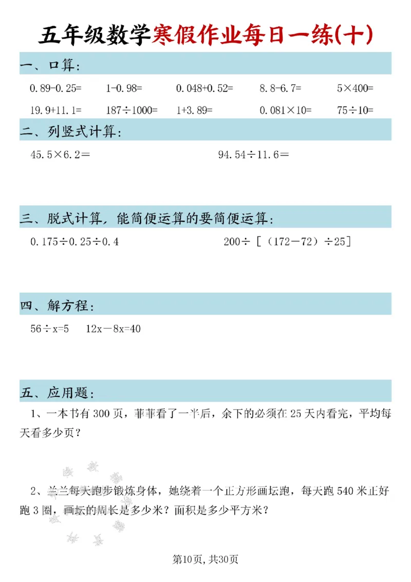 《五年级数学寒假作业每日一练SY_5年级下册同步教辅_5下语数英寒假作业》第10页预览