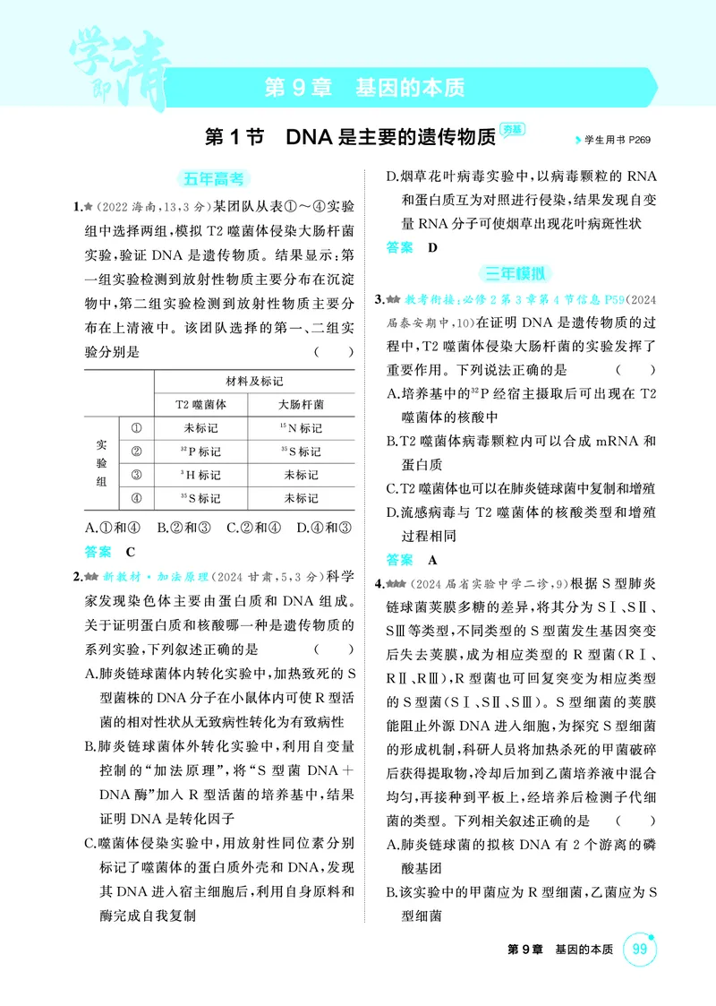 《1_精练册PDF-第9章基因的本质_2026版教学资源包_202653高考总复习A版_山东版_2026版.山东版.选考总复习.生物.5·3A版_第2部分遗传与进化_第9章基因的本质_1_精练册PDF》第1页预览