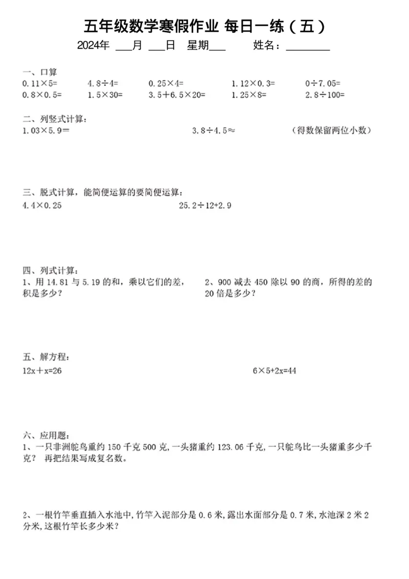 《五年级数学寒假作业每日一练_5年级下册同步教辅_5下语数英寒假作业》第5页预览