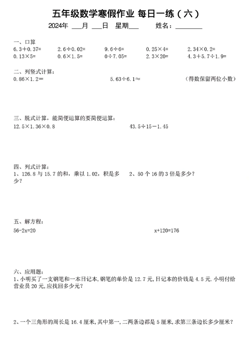 《五年级数学寒假作业每日一练_5年级下册同步教辅_5下语数英寒假作业》第6页预览