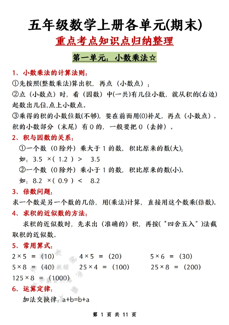 《五上数学人教版期末各单元知识点归纳整理SY_5年级上册同步教辅_5上数学_五上数学通用重点必背资料+专项练习》第1页预览
