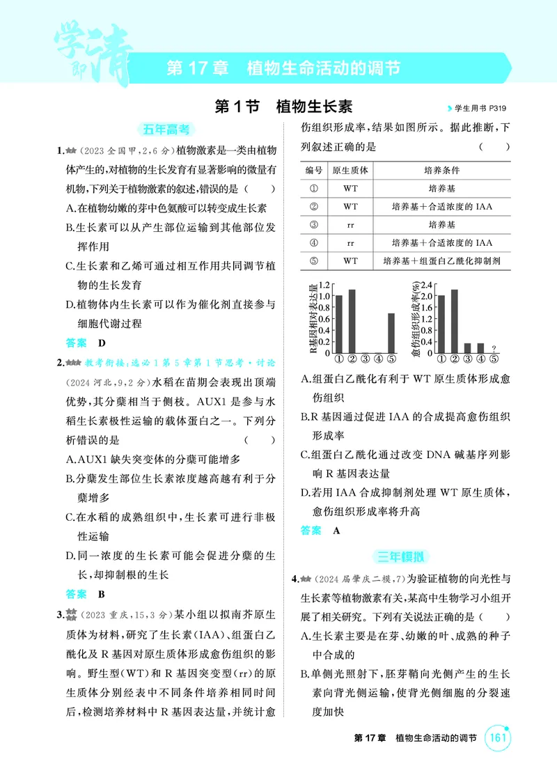 《1_精练册-第17章植物生命活动的调节_2026版教学资源包_202653高考总复习A版_广东版_2026版.广东版.选考总复习.生物.5·3A版_第3部分稳态与调节_第17章植物生命活动的调节_4_PDF教参电子书》第1页预览
