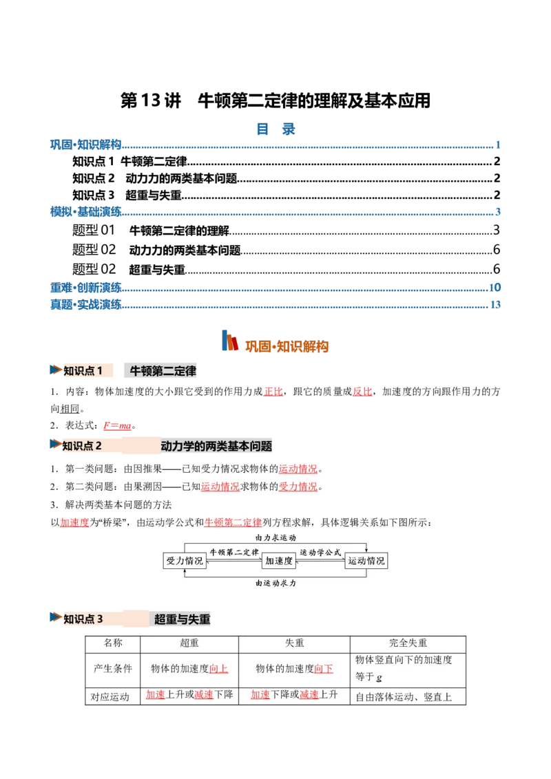 《第13讲牛顿第二定律的理解及基本应用（专项训练）（湖南专用）（教师版）_地理_2027年高考地理一轮_2027年高考物理一轮课件+讲义+练习（湖南专用）-G331_2027版》第1页预览