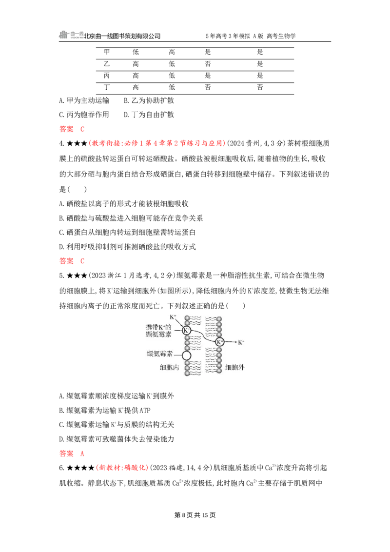 《1_精练册word-第4章　细胞的物质输入和输出_2026版教学资源包_202653高考总复习A版_广东版_2026版.广东版.选考总复习.生物.5·3A版_第1部分分子与细胞_第4章细胞的物质输入与输出_3_习题WORD》第8页预览