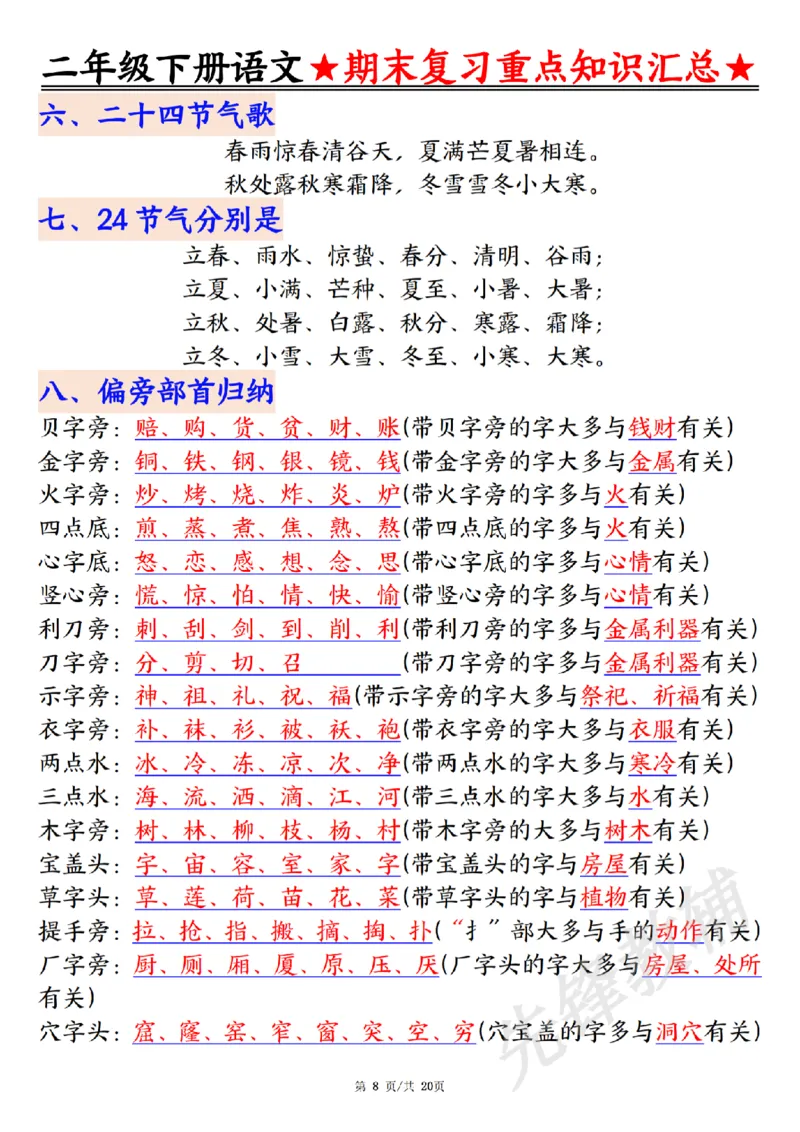 《二年级（下）语文期末复习重点知识汇总_2年级下册同步教辅_2下-语文_二下语文-重点必备资料》第8页预览